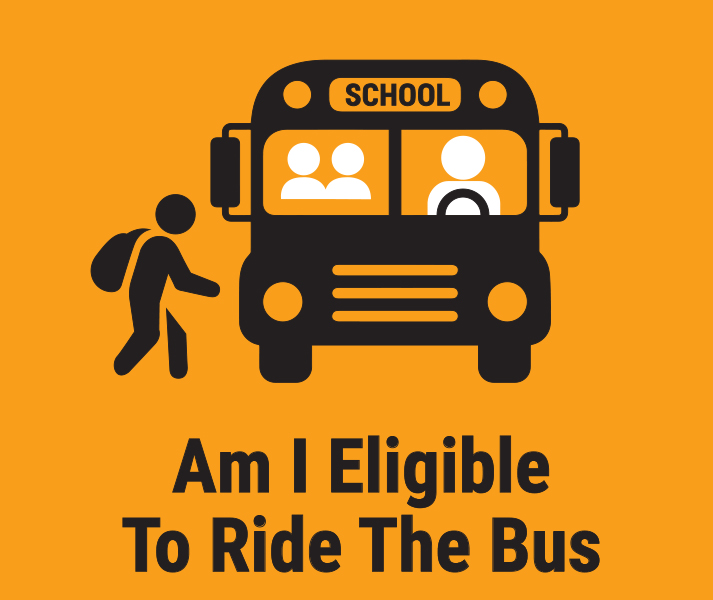 Am I Eligible to Ride The Bus? Illustration of child with backpack about to board school bus.